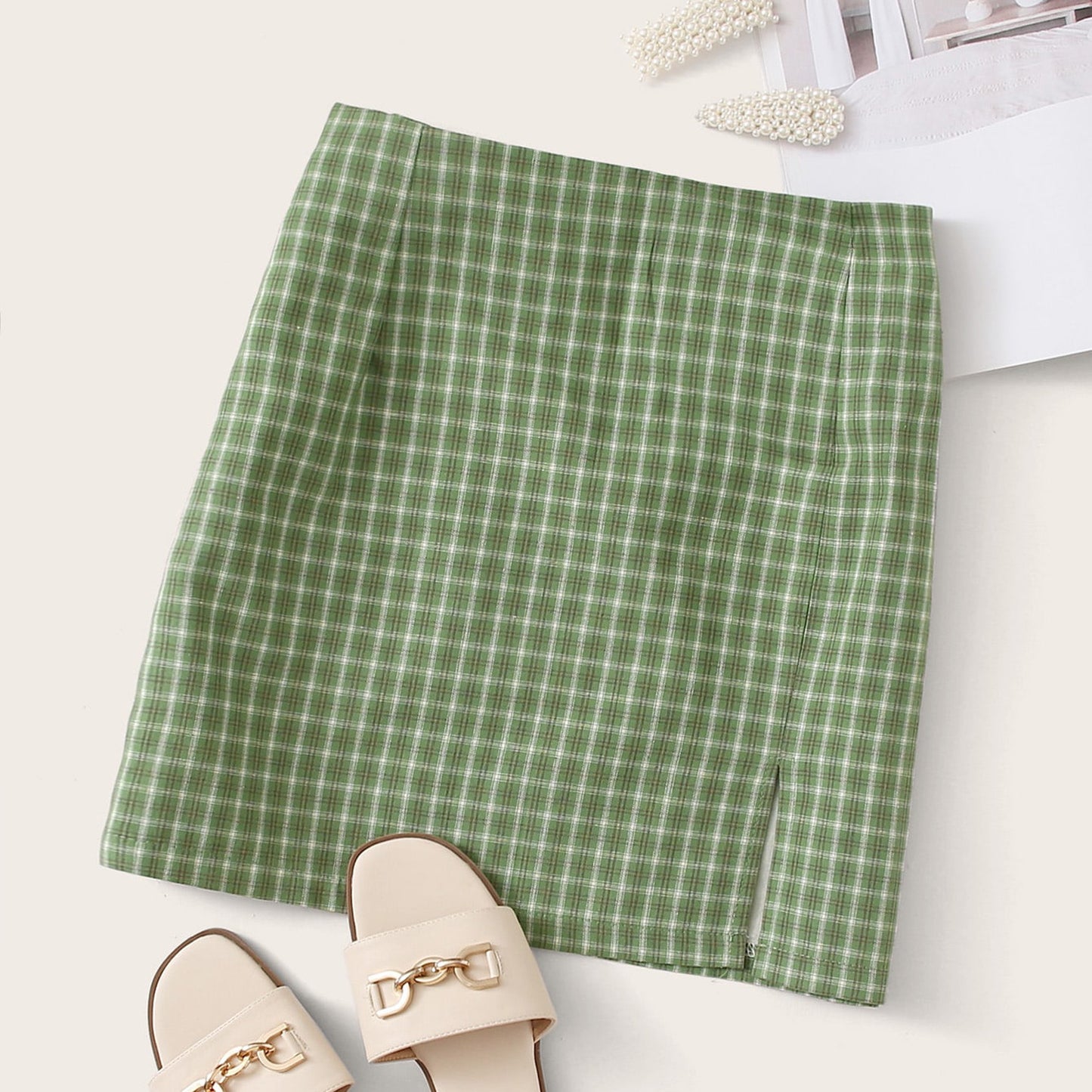 Plaid High Waist Slit Skirt - European & American Style