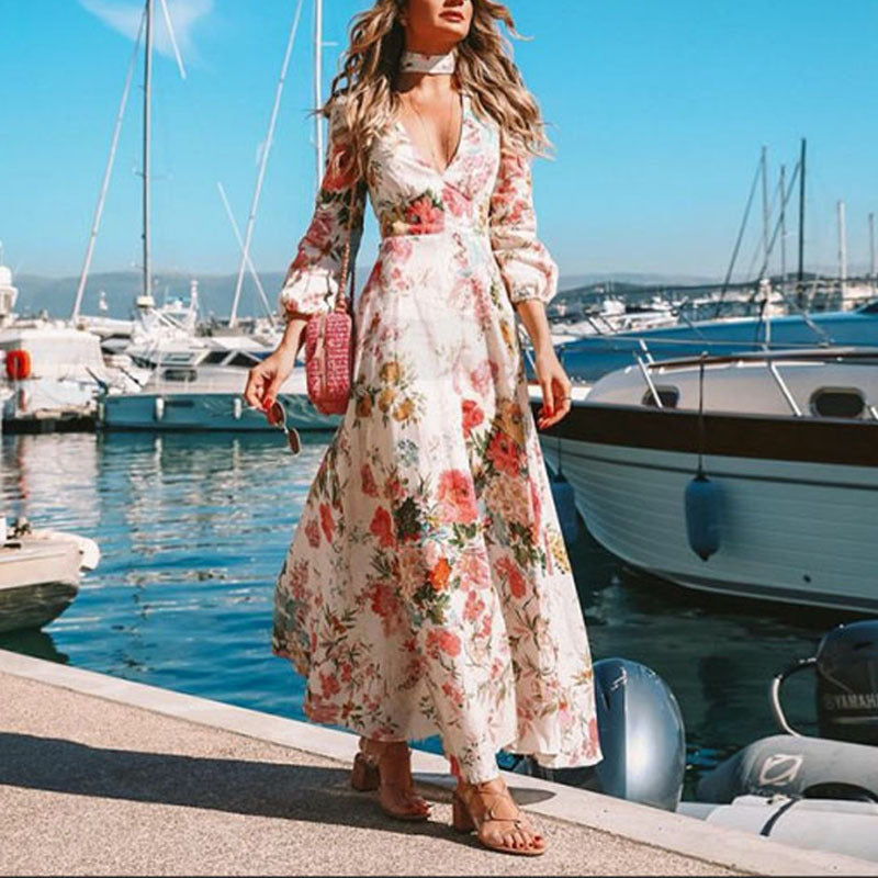 European and American Style Long Sleeve V-Neck Dress