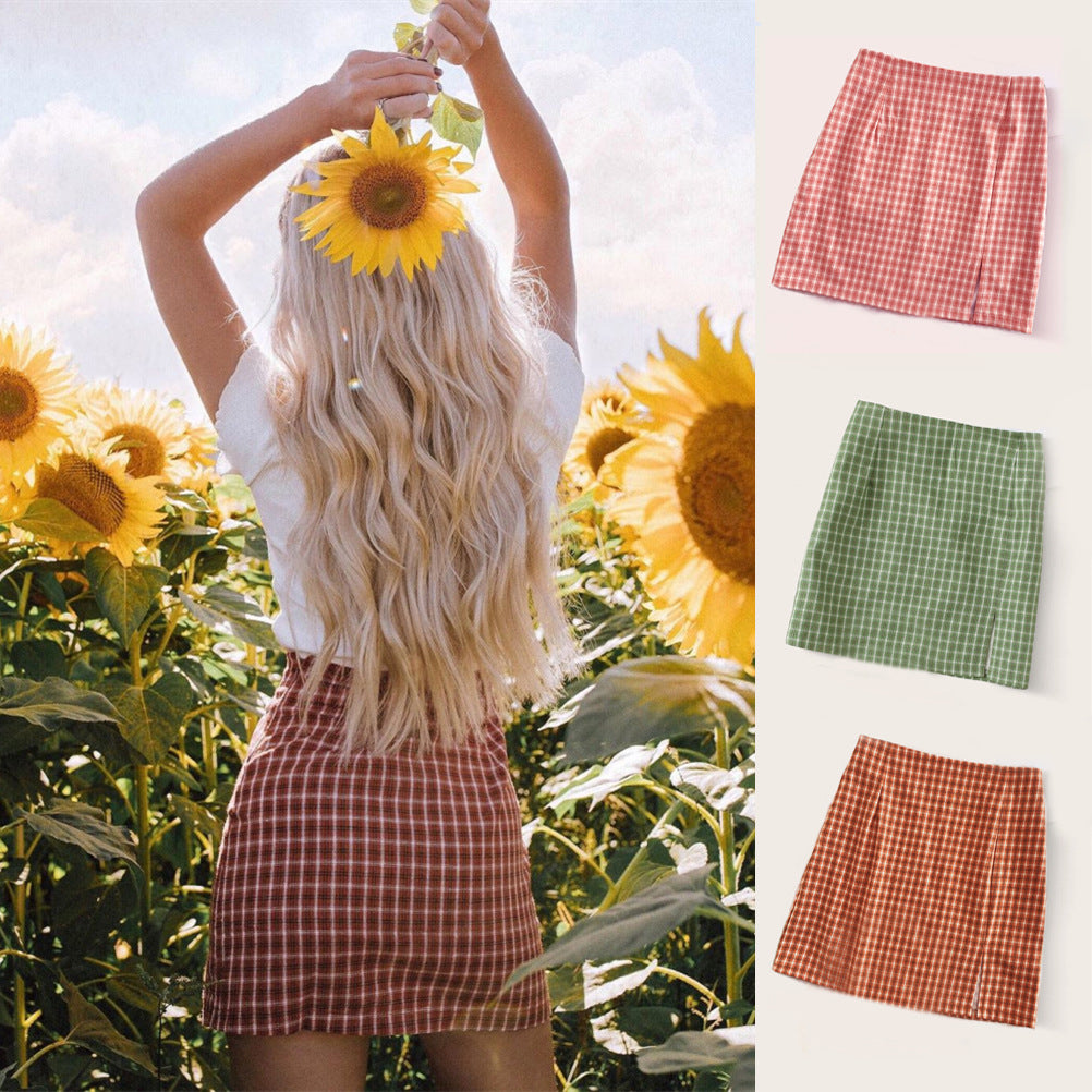Plaid High Waist Slit Skirt - European & American Style