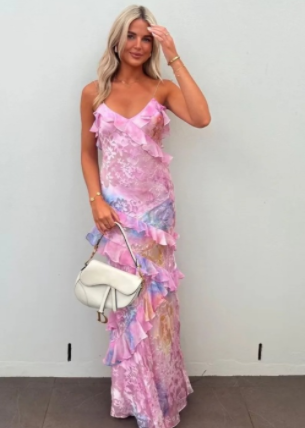 European American Style Printed V-Neck Cake Dress