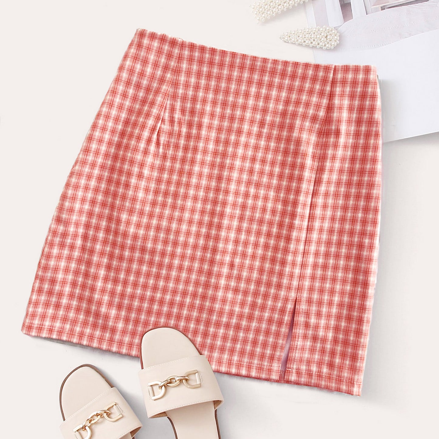 Plaid High Waist Slit Skirt - European & American Style
